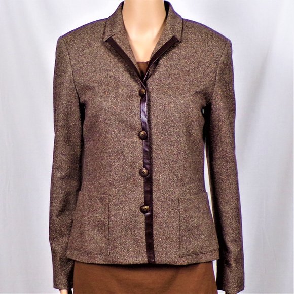 ALFANI size 2 brown (mostly) wool-blend tweed blazer leather-like trim DC only - Picture 1 of 15